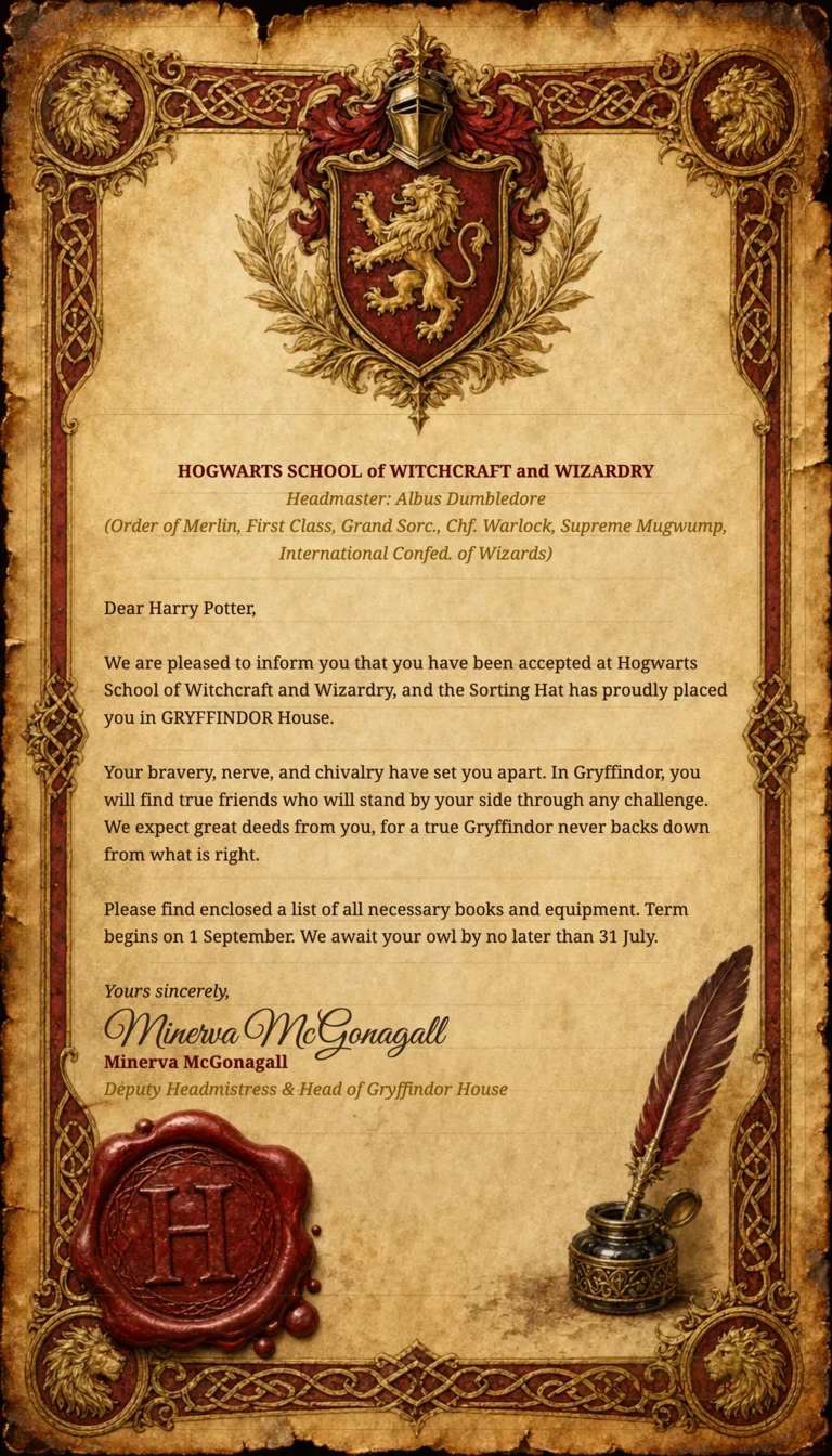Gryffindor example Hogwarts letter