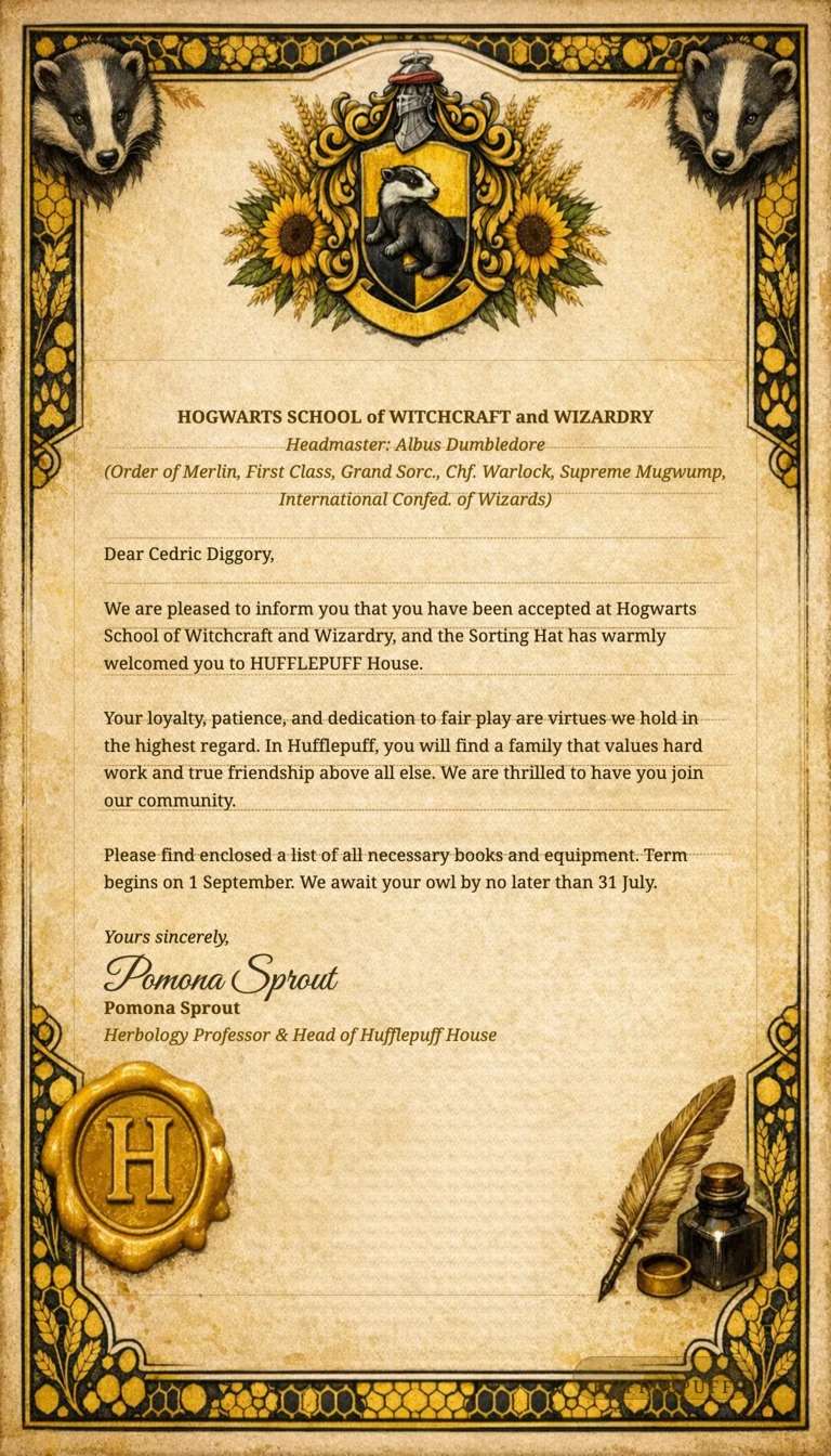 Ron Weasley's Hufflepuff Hogwarts letter template