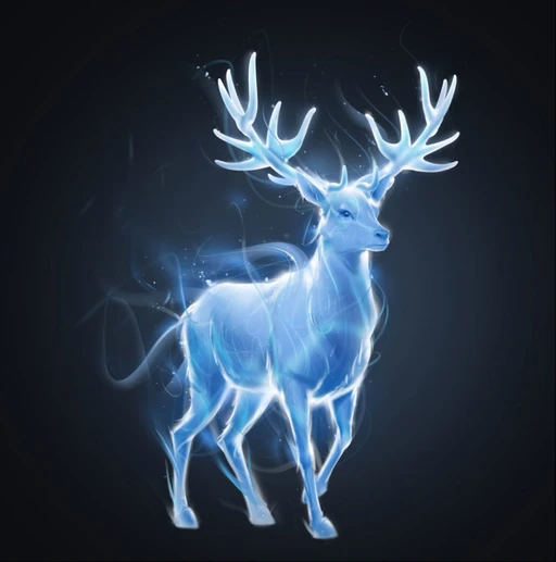 Glowing stag Patronus in misty forest